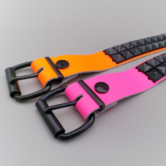 pink-and-orange-real-leather-belt-with-two-rows-of-black-pyramid-studs