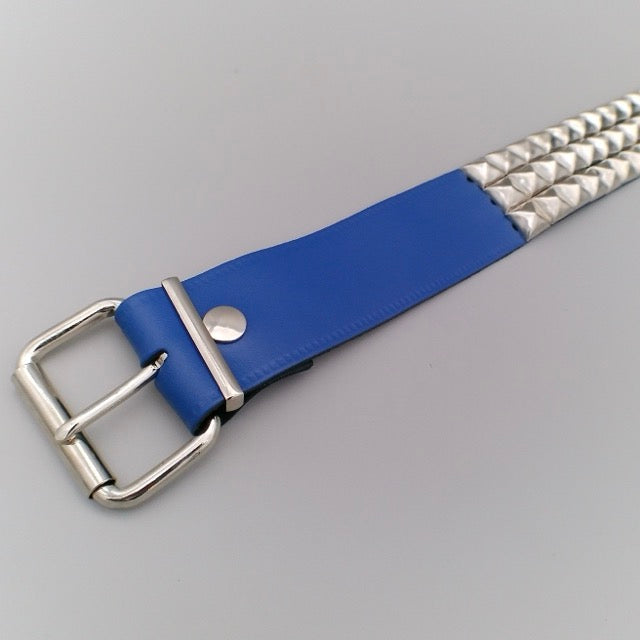 real-leather-belt-blue-three-rows-of-pyramid-studs-in-silver