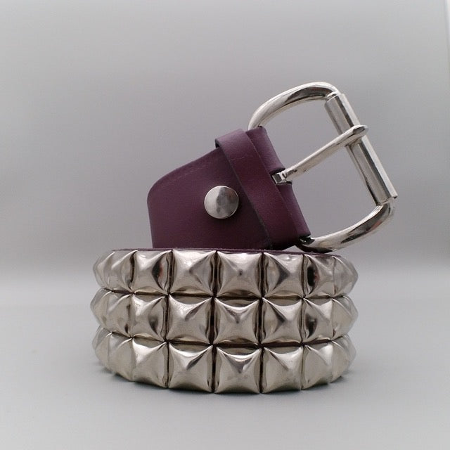 real-leather-belt-violet-three-rows-of-pyramid-studs-in-silver